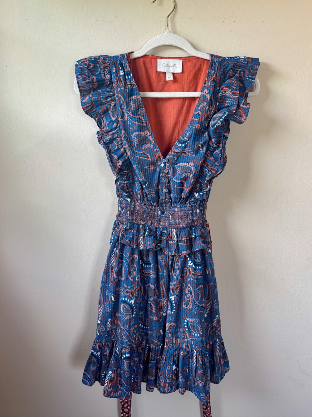 Cleobella Blue and Rust Paisley Ruffle V-Neck Mini Dress